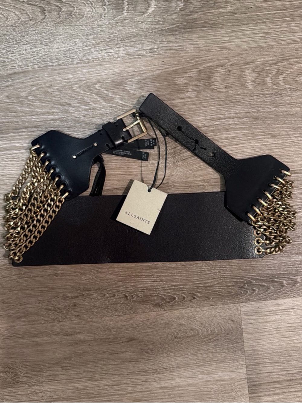All Saints Black Leather Waist Belt with Gold Chain Fringe